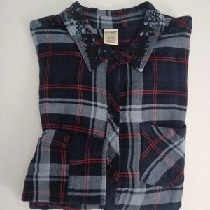 Terra & Sky Cove Plaid Button Down Flannel Sequin Collar Sz 0X